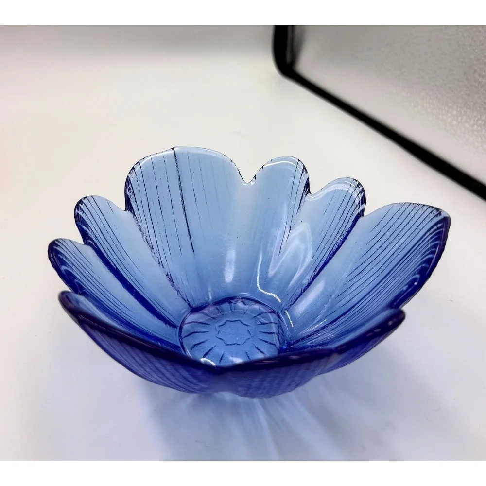 Vintage Style Textured Glass Flower Petal Bowls Set Cobalt Blue Seafoam Green